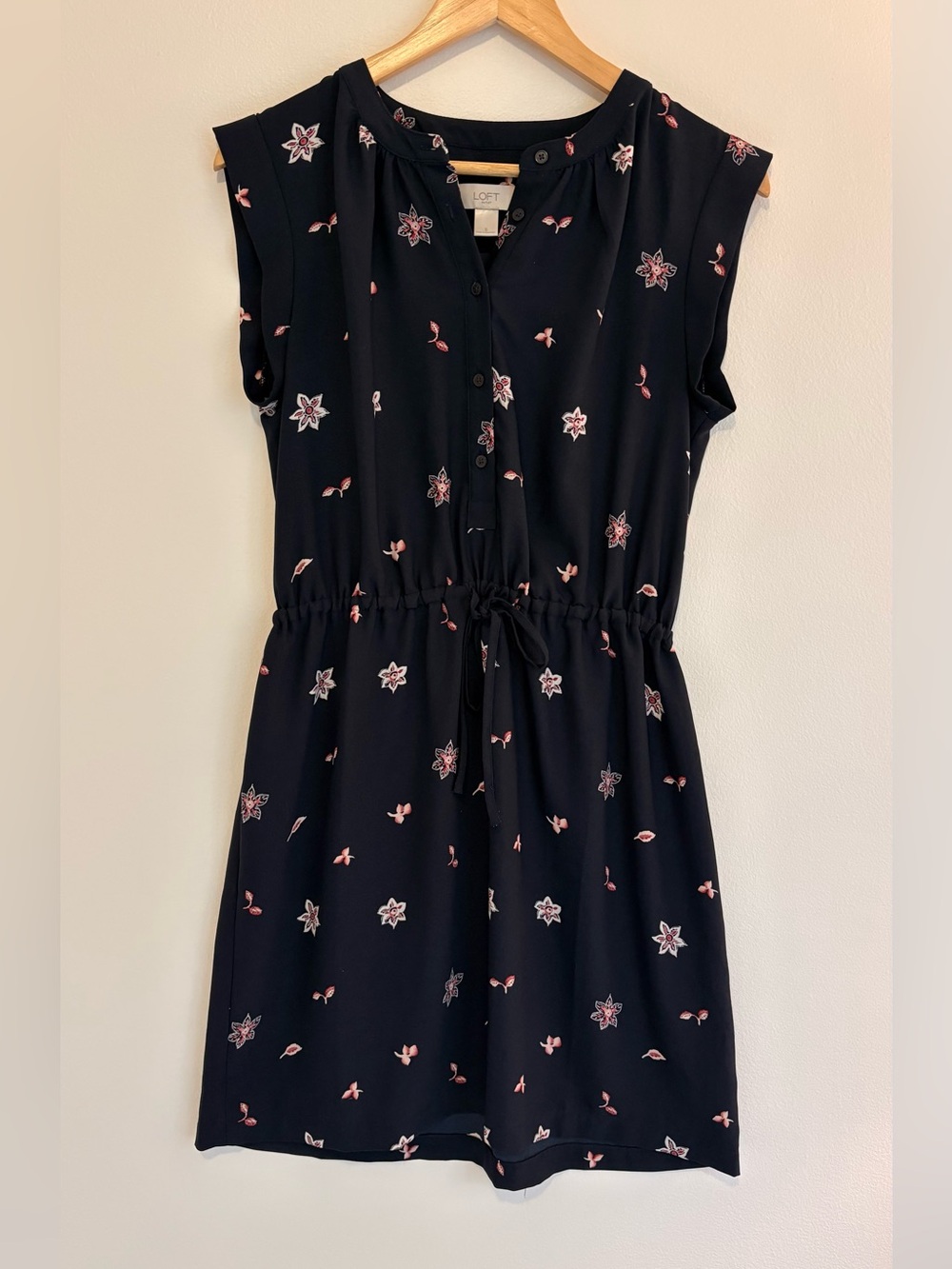 LOFT Navy Floral Drawstring Casual Sleeveless Dress